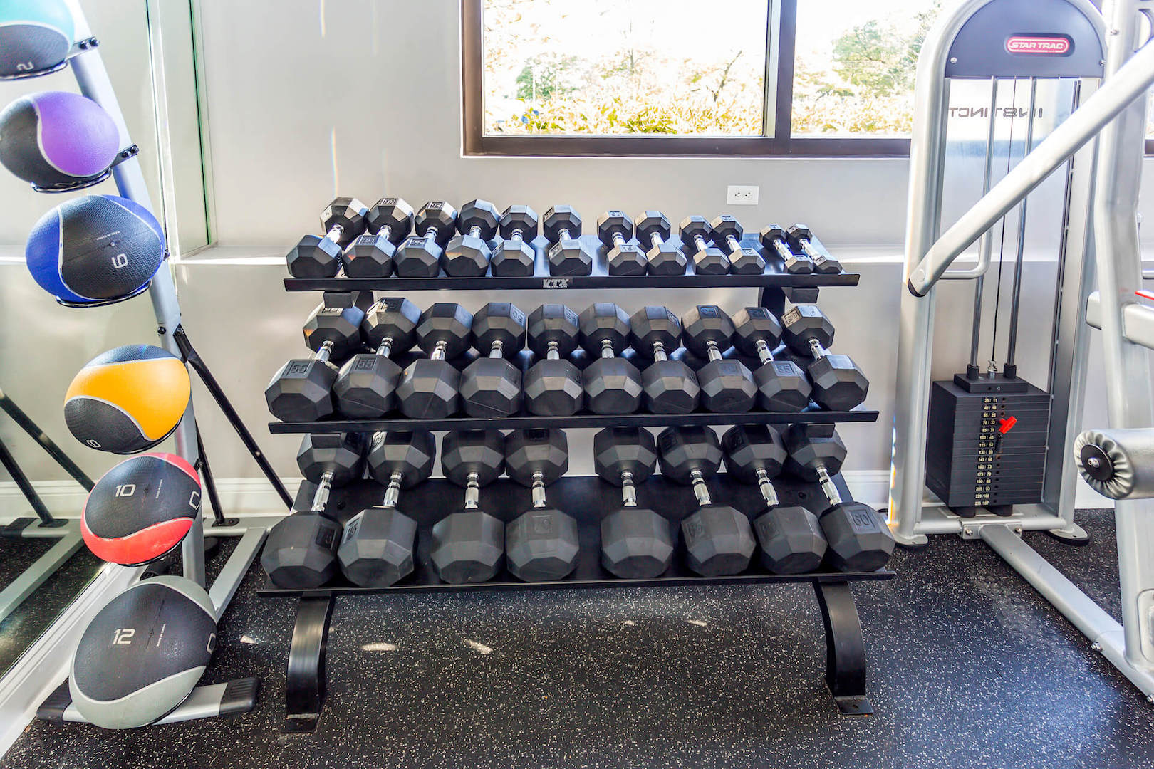 free weights inside the gym at the stretch apartments